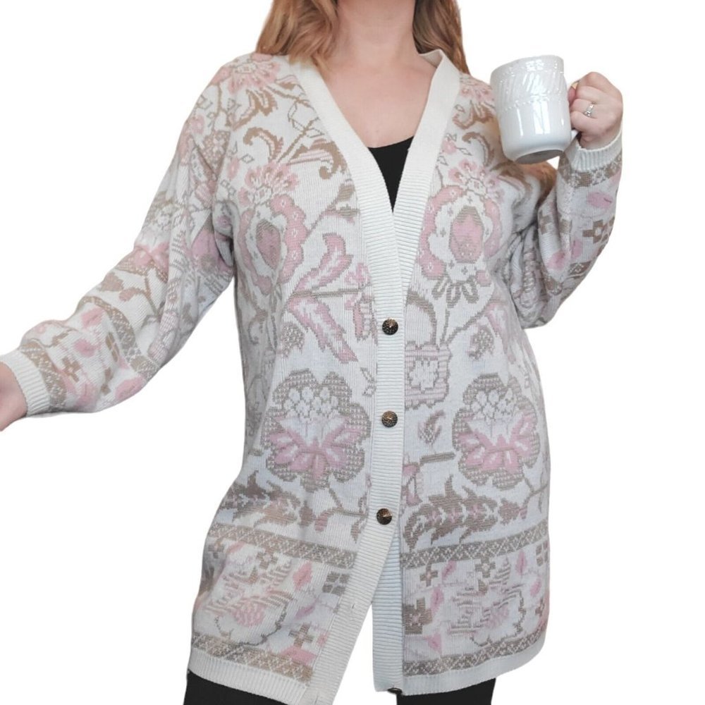 Vintage 90s Cream Pastel Pink Brocade Floral Cardigan Sweater Longline Sz M/L‎